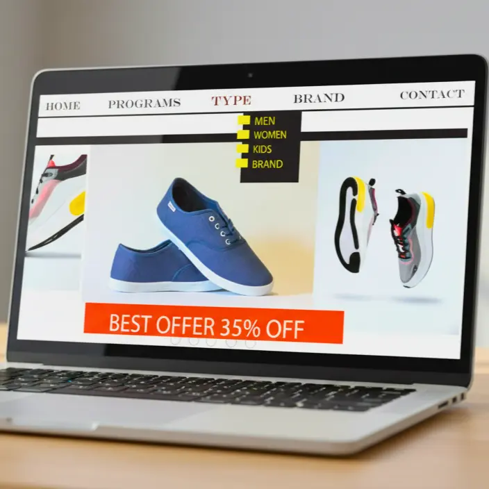 Square UI/UX design mockup of an e-commerce product page on a laptop, displaying various shoes, categories, and a "BEST OFFER 35% OFF" banner.