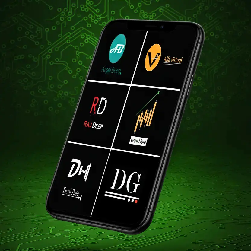 Logo and branding portfolio mockup on a smartphone with a tech-themed green circuit board background, displaying six modern monogram logos